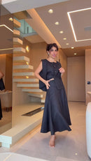 Conjunto Colete e Saia Midi Evasê 100% Linho Preto - Preto - frente