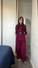 Conjunto Camisa e Calça Pantalona com Cinto Vinho - Vinho - frente