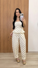 Conjunto Poá Jeans Blusa Tomara que Caia e Calça Balloon Mariah - Off White - frente