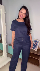 Conjunto em Linho Blusa e Calça - Azul Marinho - frente