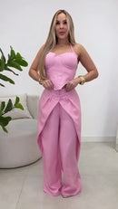 Conjunto Corset e Calça Pantalona com Sobreposição - Rosa - frente