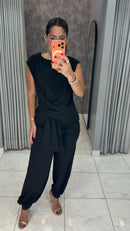 Conjunto Blusa com Amarração e Calça Jogger Preto - Preto - frente