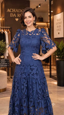 Vestido Longo em Renda Manga Curta - Azul Royal - frente