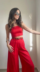 Conjunto 100% Linho Cropped e Calça Pantalona - Vermelho - frente