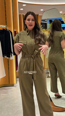 Macacão Utilitário Alfaiataria com Cinto Verde Militar - Verde Militar - frente