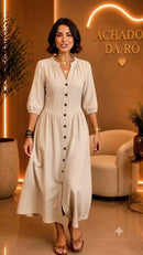 Vestido Midi com Botões - Bege - frente