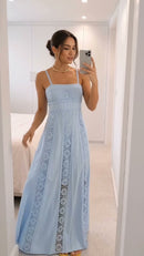 Vestido Longo Alças Finas com Renda - Azul Claro - frente