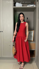Vestido Longo Regata Saia Franzida - Terracota - frente