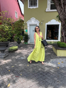 Vestido Pregas Marguerita em Linho - Verde Limão - frente