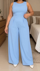 Macacão Longo Acinturado com Bolso - Azul Claro - frente