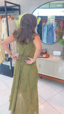 Vestido Longo Estampado com Laço no Decote Verde Oliva - Verde Oliva - costas