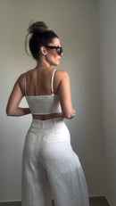 Conjunto 100% Linho Cropped e Calça Pantalona - Branco - costas