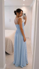 Vestido Longo Alças Finas com Renda - Azul Claro - costas