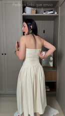 Vestido Midi Sarja Tomara que Caia Saia Franzida - Off White - costas