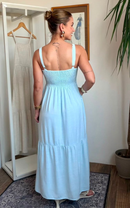 Vestido Sofia em Linho Lavado - Azul Claro - costas