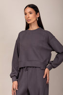 Conjunto Moletom Cropped Wide Leg - Chumbo - detalhe