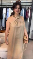 Vestido Midi Um Ombro Só em Linho - Dourado - detalhe