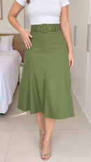 Saia Midi Evasê com Cinto - Verde Militar - frente