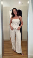 Conjunto Blusa Peplum Alcinha e Calça Reta Listrado Off White - Off White - frente