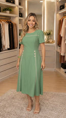 Vestido Midi Manga Curta com Botões e Friso - Verde - frente
