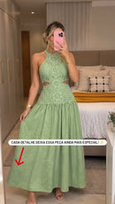 Vestido Longo Renda Frente Única com Recortes - Verde Menta - frente