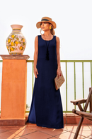Vestido Longo Regata Donatela em Viscolinho - Azul Marinho - frente