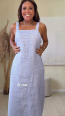 Vestido Longo Listrado Alças Largas 100% Linho Azul Claro - Azul Claro - frente