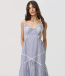Vestido Evasê em Tricoline Listrado com Bordado Branco - Listrado Azul - frente