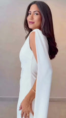 Vestido Midi com Capa Drapeada e Fenda - Branco - frente