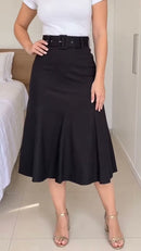 Saia Midi Evasê com Cinto - Preto - frente