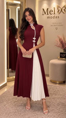 Vestido Midi Gola Cheongsam Bicolor - Vinho - frente