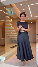 Conjunto Colete e Saia Midi Evasê 100% Linho Preto - Preto - frente