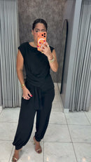 Conjunto Blusa com Amarração e Calça Jogger Preto - Preto - frente