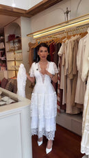 Vestido Midi Renda Decote V Branco - Branco - frente