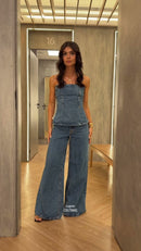 Conjunto Tomara que Caia e Calça Pantalona Jeans - Azul Jeans - frente