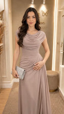 Vestido Longo Decote Drapeado com Fenda Rosê - Rosê - frente