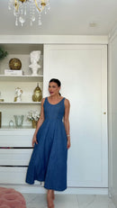 Vestido Longo Jeans Alças 100% Algodão - Azul Jeans - frente