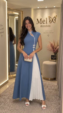 Vestido Longo Plissado Bicolor Gola Mandarim - Azul - frente