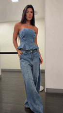 Conjunto Tomara que Caia Peplum e Calça Wide Leg Jeans - Azul Jeans - frente