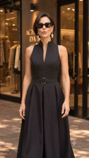 Vestido Midi Gola Alta com Cinto e Bolsos Preto - Preto - frente