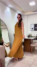 Vestido Longo Frente Única - Mostarda - lateral