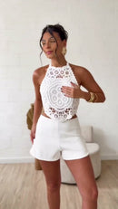 Cropped Crochê Gola Alta - Branco - lateral
