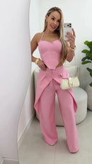 Conjunto Corset e Calça Pantalona com Sobreposição - Rosa - lateral