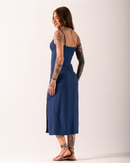 Vestido Midi Los Angeles em Linho - Azul Marinho - lateral