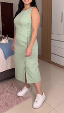 Vestido Midi Linho com Botões - Verde Claro - lateral