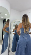 Macacão Jeans Pantalona - Jeans Azul - lateral