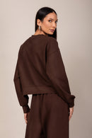 Conjunto Moletom Cropped Wide Leg - Marrom - costas