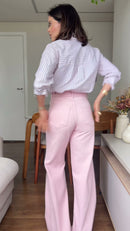 Conjunto Camisa Listrada e Calça Wide Leg Rosa Claro - Rosa Claro - costas