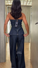Conjunto Tomara que Caia com Cinto e Calça Pantalona Jeans Escuro - Azul Jeans Escuro - costas