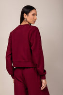 Conjunto Moletom Cropped Wide Leg - Bordô - costas